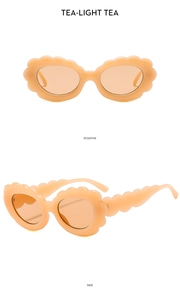 Détails de face et de profil de lunettes de soleil pêche en forme de tournesol