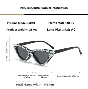 Detailed specs of cat-eye sunglasses model 5040 with pearl accents and PC frame