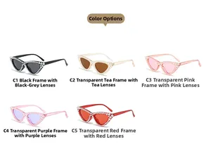 Detailed grid of cat-eye sunglasses with pearl accents in five vibrant gradient colors