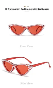 Detail view of red cat eye sunglasses with elegant faux pearl embellishments
