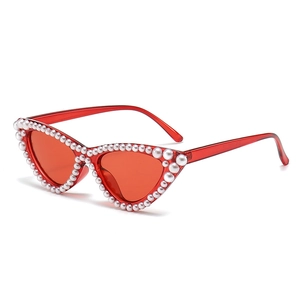 Hip hop red cat eye sunglasses for women featuring elegant pearl rim embellishments
