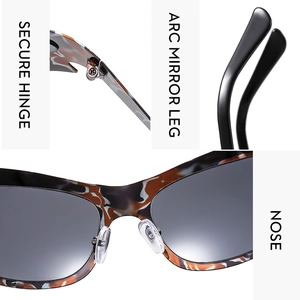 Nahaufnahme der Y2K-Sonnenbrille mit robusten Scharnieren, Bügeln und Nasensteg-Details