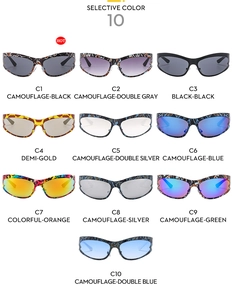 Detaillierter Katalog der Y2K Radsport-Sonnenbrillen in zehn Farben von Camo bis Tortoise