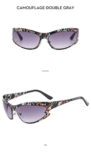 Front- und Seitenansicht der Y2K Camouflage-Sonnenbrille mit lila Verlaufsgläsern