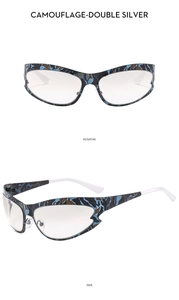 Detailansicht der Y2K Radsport-Sonnenbrille mit Camouflage-Rahmen und Wrap-around-Glas