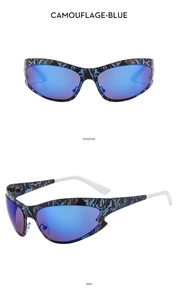 Detailansicht der Y2K Radsport-Sonnenbrille in Camouflage-Blau mit blau verlaufenden Gläsern