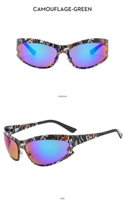 Front- und Seitenansicht der Y2K Sportsonnenbrille in Tarn-Grün mit blauen Gläsern