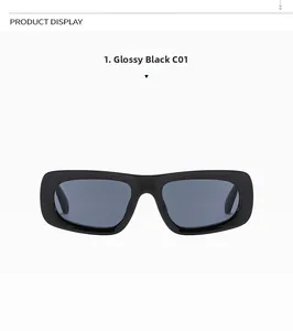 Close-up of glossy black rectangular sunglasses with thick frames and dark grey lenses