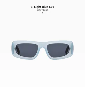 Front view of light blue square sunglasses with transparent frames and dark grey lenses