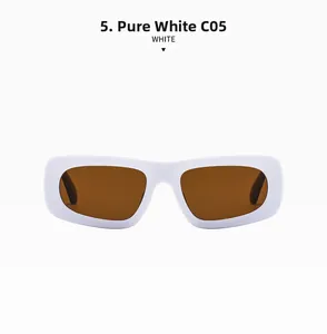 Detailed close-up of retro white thick-frame sunglasses with dark brown lenses