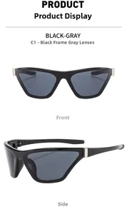 Detail of Y2K wraparound cycling sunglasses featuring black frames and silver temple accents