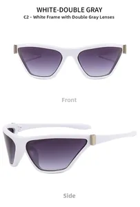 Front and side views of Y2K cycling sunglasses in white frames with double gray lenses