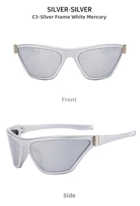 Front and side view of Y2K silver sports sunglasses with reflective mirror lenses