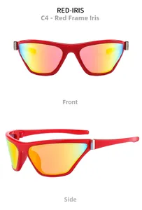 Detail view of Y2K sporty sunglasses model C4 featuring red frames and iris lenses