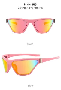 Detailed view of pink Y2K cycling sunglasses with iridescent iris lenses and silver hinges