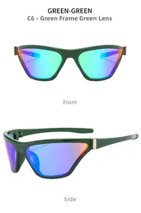 Detail of Y2K wraparound sunglasses with green frame and iridescent gradient mirror lenses