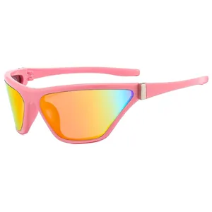 Pink Y2K sporty oversized cycling sunglasses with colorful gradient mirrored lenses