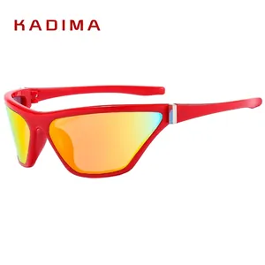Y2K sporty oversized cycling sunglasses with red frame and orange iridescent lenses