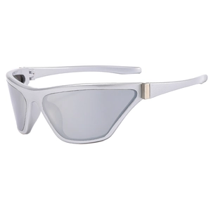 Y2K futuristic silver wraparound sports sunglasses with high-reflective mirror lenses
