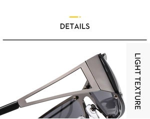 Detail of gunmetal sunglasses frame with unique hollow triangular temple design