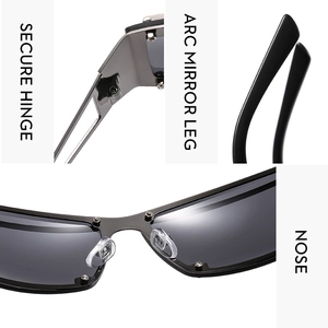 Detail of secure metal hinges, arc mirror legs, and silicone nose pads on Y2K sunglasses