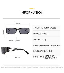Detailed size chart for Y2K style slim sunglasses showing frame and lens dimensions