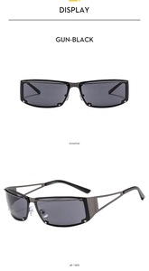 Front and 45-degree side views of gun-black Y2K rectangular sunglasses with metal temples