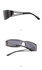 Detail view of gunmetal Y2K sunglasses with side hollow frame and back view features