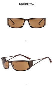 Detail of bronze Y2K rectangle sunglasses featuring hollow geometric temples and tea lenses
