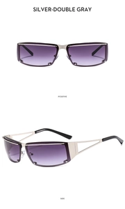 Detail of Y2K sunglasses with silver metal frame and purple gradient lenses