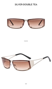 Detail view of Y2K rectangle sunglasses with silver hollow frame and double tea lenses