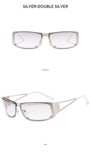 Y2K style silver metal rectangle sunglasses featuring clear lenses in front and side views