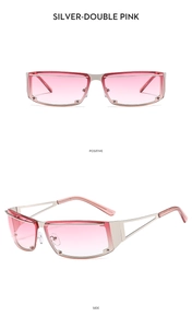 Detailed view of silver Y2K sunglasses with pink gradient lenses from front and side