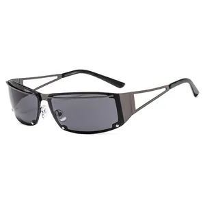 Modern Y2K metal sunglasses with grey lenses and futuristic geometric cutout frames