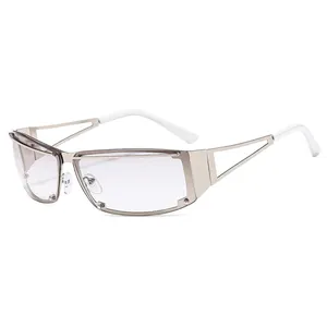 Y2K cyber punk silver metal half-frame sunglasses with grey lenses in 45-degree view