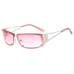 Y2K millennium style sunglasses with silver metal frame and pink gradient lenses