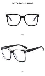 Detailansicht der TR90-Brille mit großem Rahmen in Schwarz-Transparent von vorn und seitlich