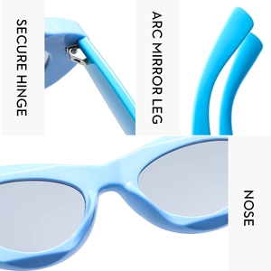Detail view of cat eye sunglasses showing secure metal hinge and arc mirror leg design