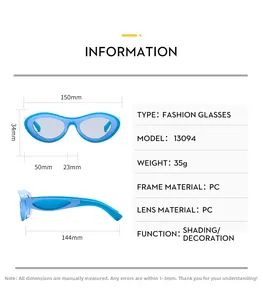Detailed size specifications of retro Y2K oval sunglasses with measurements and technical data