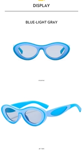 Y2K style oval sunglasses in bright blue and light gray showing front and side angles