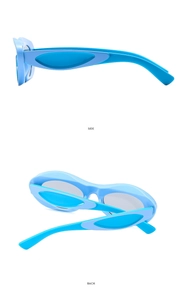 Detail view of bold blue Y2K oval sunglasses showing side and back frame structure
