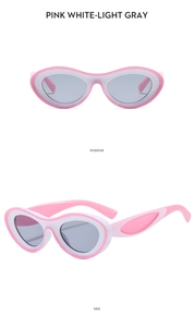 Detailed views of pink and white oval Y2K sunglasses with light gray lenses from two angles