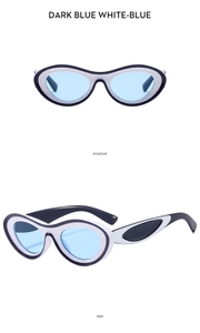 Detail view of oval Y2K sunglasses in dark blue and white showing positive and side angles