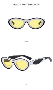 Front and side view of Y2K oval sunglasses with black-white frames and yellow lenses