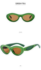 Detailed view of Y2K oval sunglasses in translucent green frame with tea-colored lenses