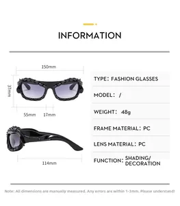 Detailed size chart for Y2K irregular sunglasses with black frame and purple lenses