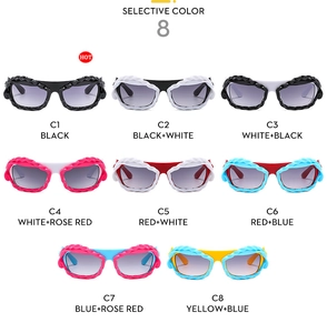 Detailed grid showing 8 trendy irregular Y2K sunglasses in various cyberpunk colorways