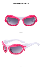 Y2K irregular sunglasses in white and rose red, showing front and side profile views