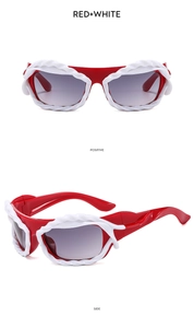 Y2K punk style sunglasses in red and white with twisted rope frame detail