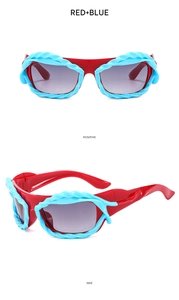 Y2K irregular sunglasses with red frames and blue twisted detail shown from dual views